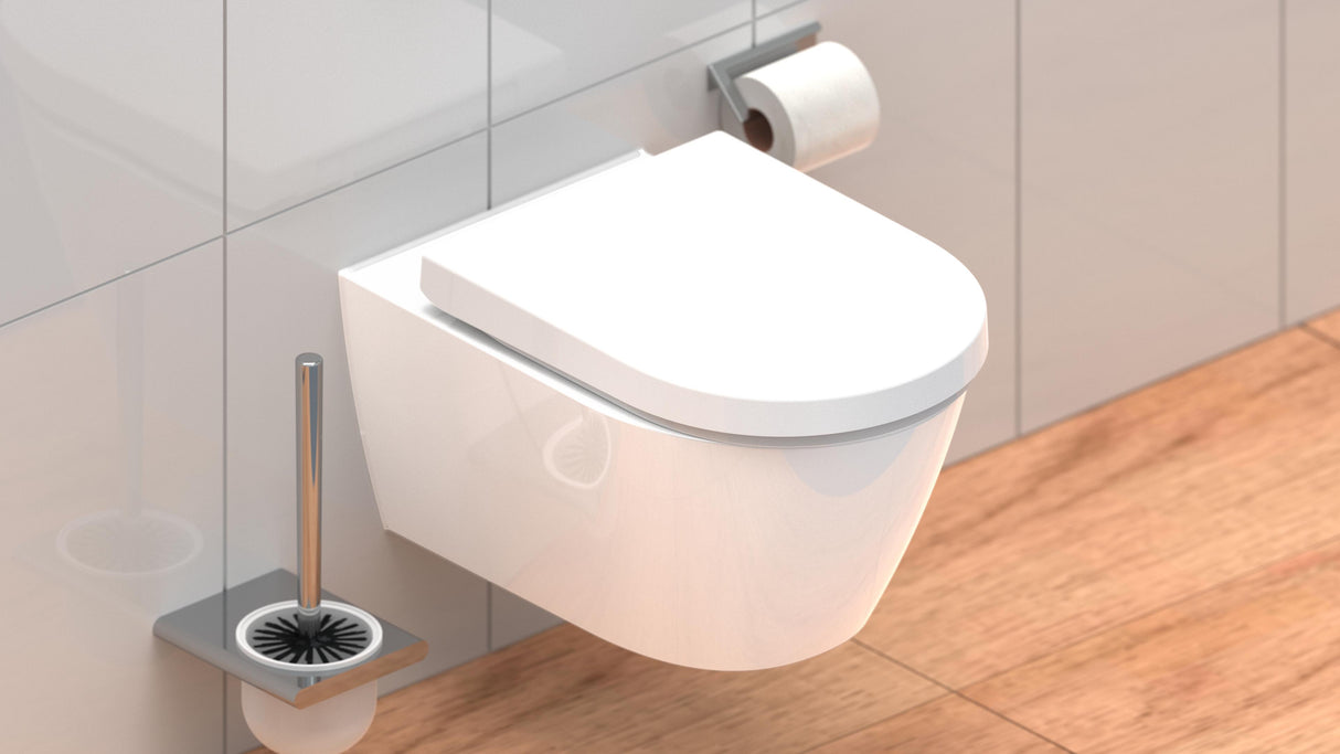 Vit toalettsits D-formad universal i Duroplast - BĂST. CC-mĂ„tt: 90-190mm LĂ€ngd: 425-480mm Bredd: 345mm.