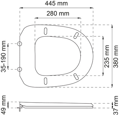 Vit toalettsits universal - BRA. CC-mått: 35-190mm Längd: 445mm Bredd: 380mm