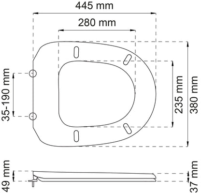 Vit toalettsits för vägghängd toalett - BRA. CC-mått: 35-190mm Längd: 445mm Bredd: 380mm