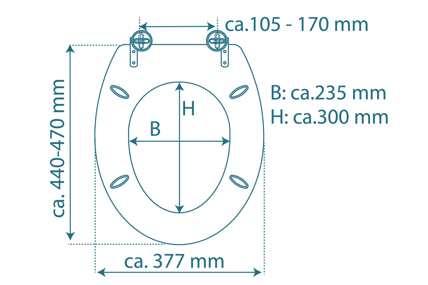 Vit toalettsits universal i Duroplast - BÄST. CC-mått: 105-170mm Längd: 435-470mm Bredd: 377mm.