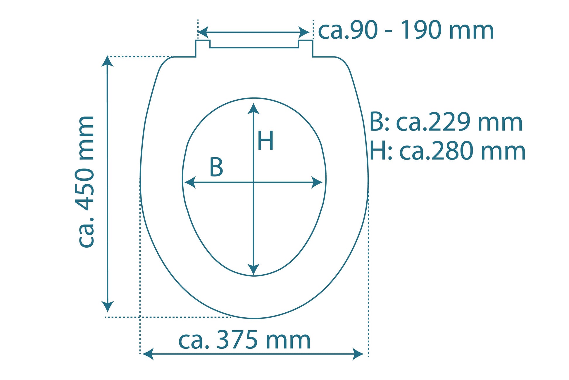 Vit toalettsits universal i Duroplast - BÄST. CC-mått: 90-190mm Längd: 405-460mm Bredd: 375mm.