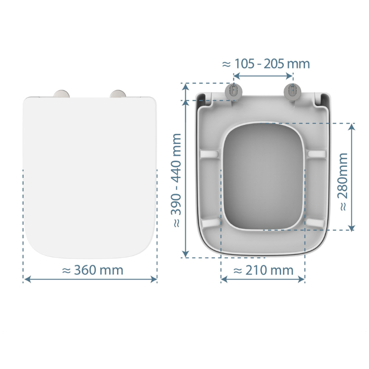 Vit toalettsits E-formad universal i Duroplast - BÄST. CC-mått: 105-205mm Längd: 390-440mm Bredd: 360mm.