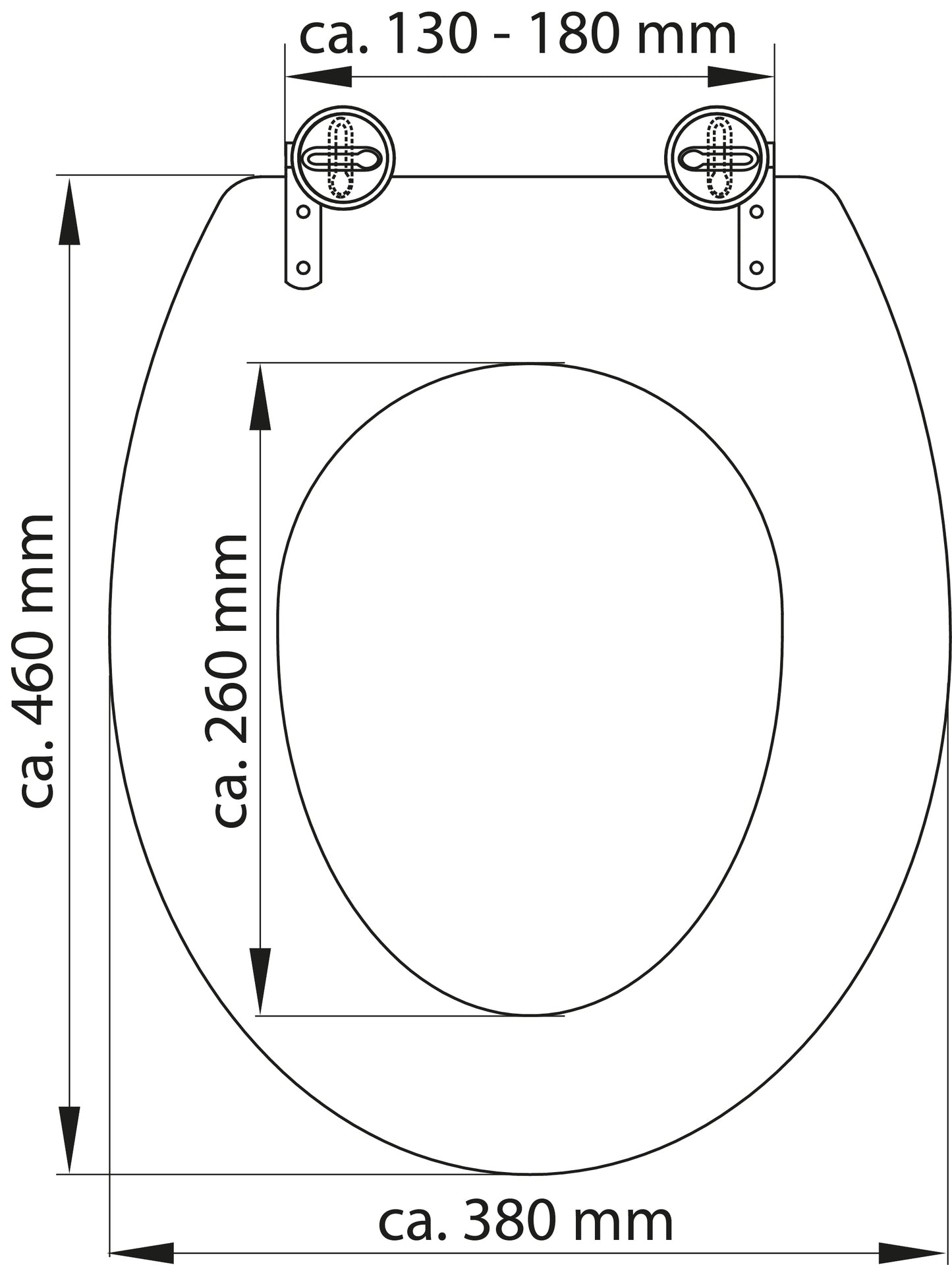 Vit toalettsits universal i Termoplast - BÄTTRE. CC-mått: 130-180mm Längd: 460mm Bredd: 380mm.